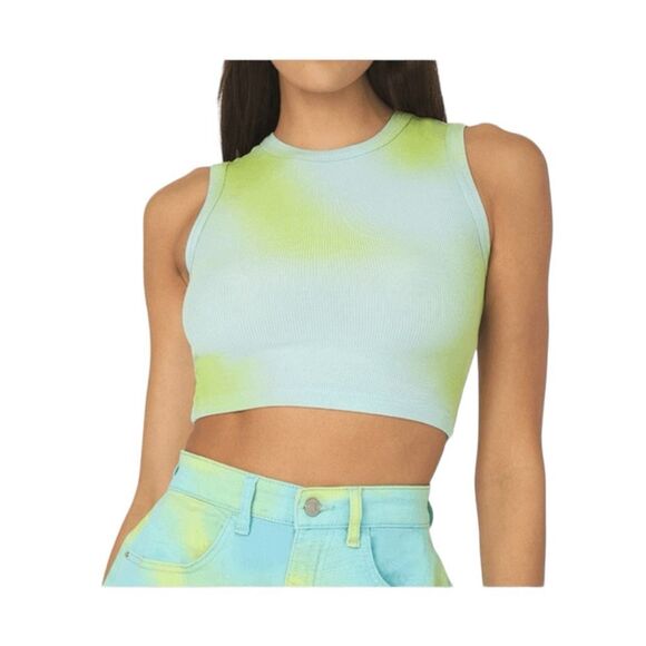 WeWoreWhat Muscle Tee Blue Green Tie Dye Ribbed Knit Cropped Tank Top S - Picture 1 of 6